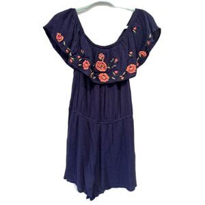 DizzyLizzy Romper Women sz Small Embroidered Shorts Navy Floral Prep Rayon